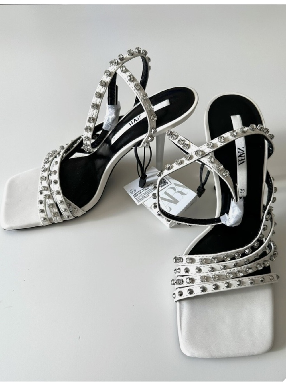 Zara White Studded Strappy Heeled Sandals